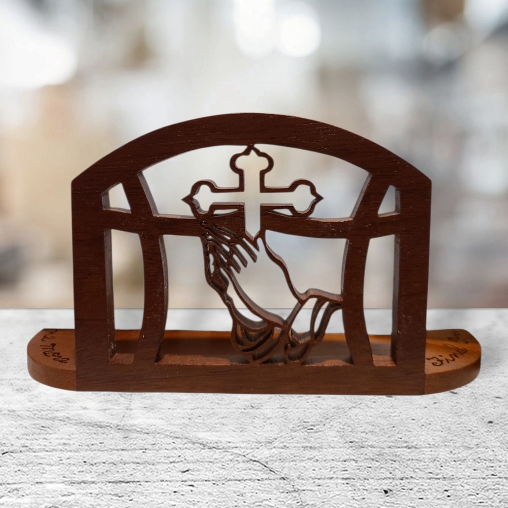 Handcrafted Napkin Holder Mahogany Wood Religious Praying Hands Cross Signed